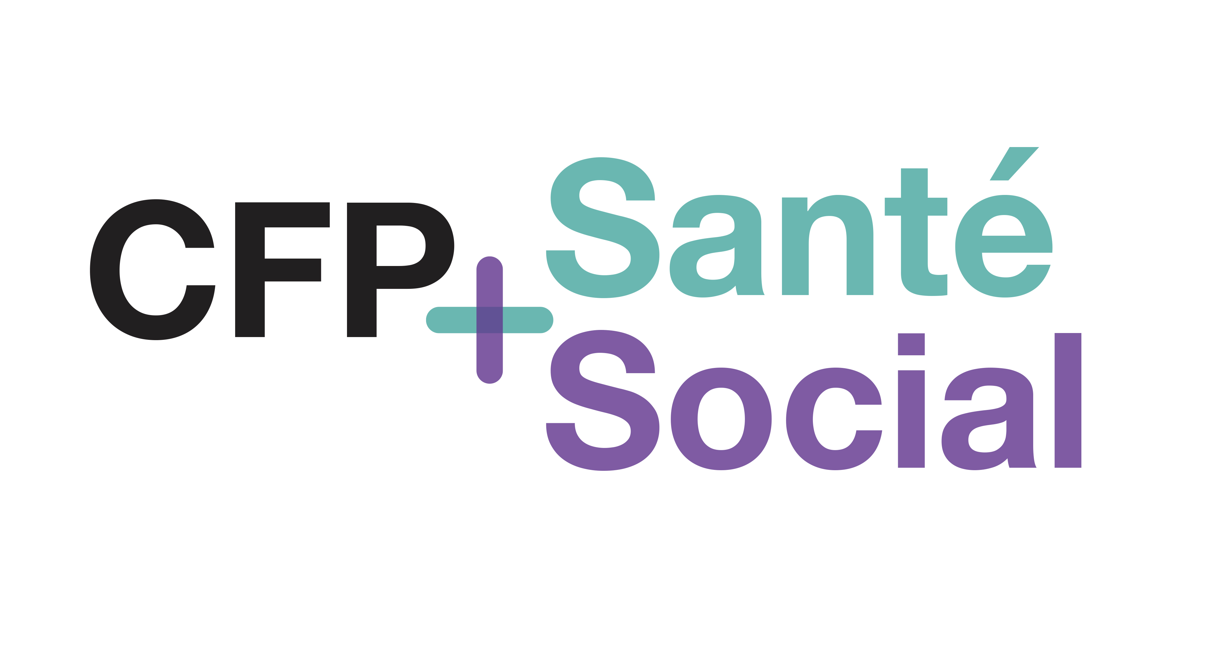 Logo pour le CFP Santé + Social. La typographie est une linéale. Le texte est séparé en 3 parties. Le première « CFP » est écrite en noire, à sa droite un signe plus sépare les deux autres textes. Sur la partie supérieure, le « Santé » est turquoise et en dessous le « Social » est violet