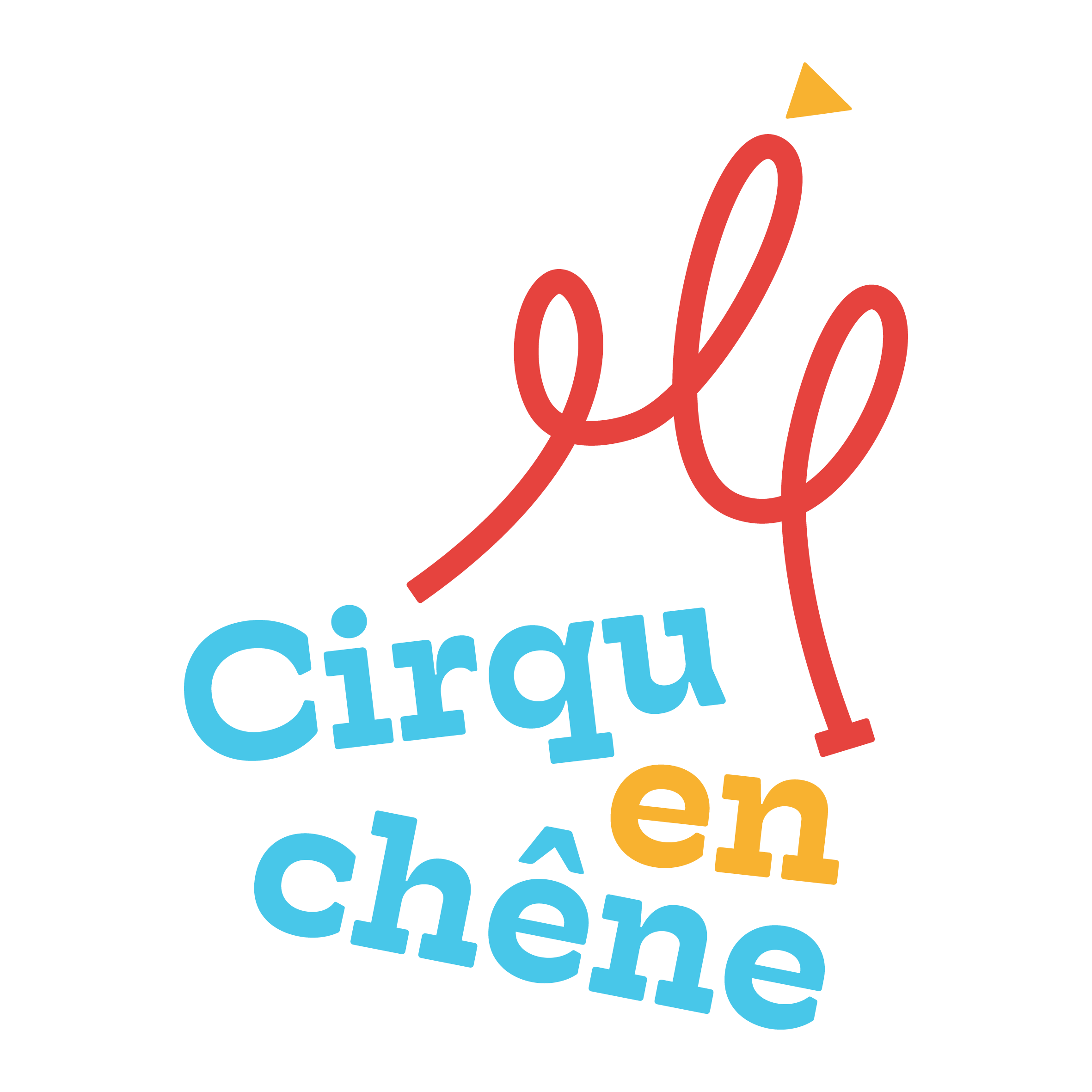 Logo pour Cirquenchêne. Une ligne rouge avec 3 boucles reprend la forme d’un chapiteau. Il y a un petit triangle jaune au sommet de la plus grande boucle. Sous cette ligne, le texte est séparé en 3. « Cirqu » et « chêne » sont écrits en bleu clair et le « en » est jaune. La typographie est une égyptienne.
