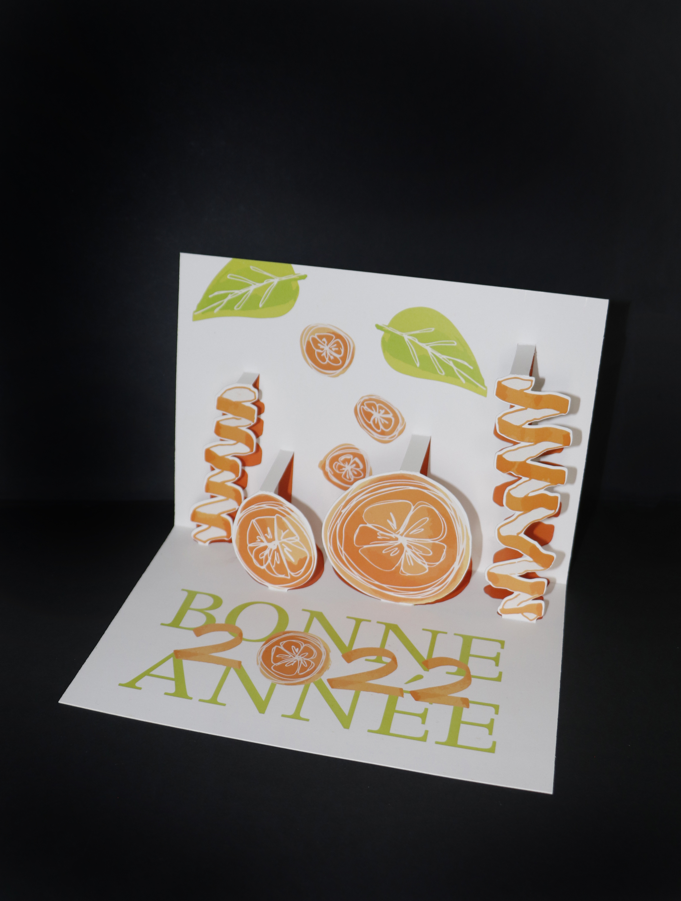 Photo d’une carte pop-up ouverte. On voit deux tranches et pelures d’orange se détacher du fond. Sur la partie inférieure, il est écrit « Bonne année » en vert clair avec une typographie de type didone. Par-dessus, « 2022 » est écrit en calligraphie en orange. Le « 0 » est remplacé par une tranche d’orange.