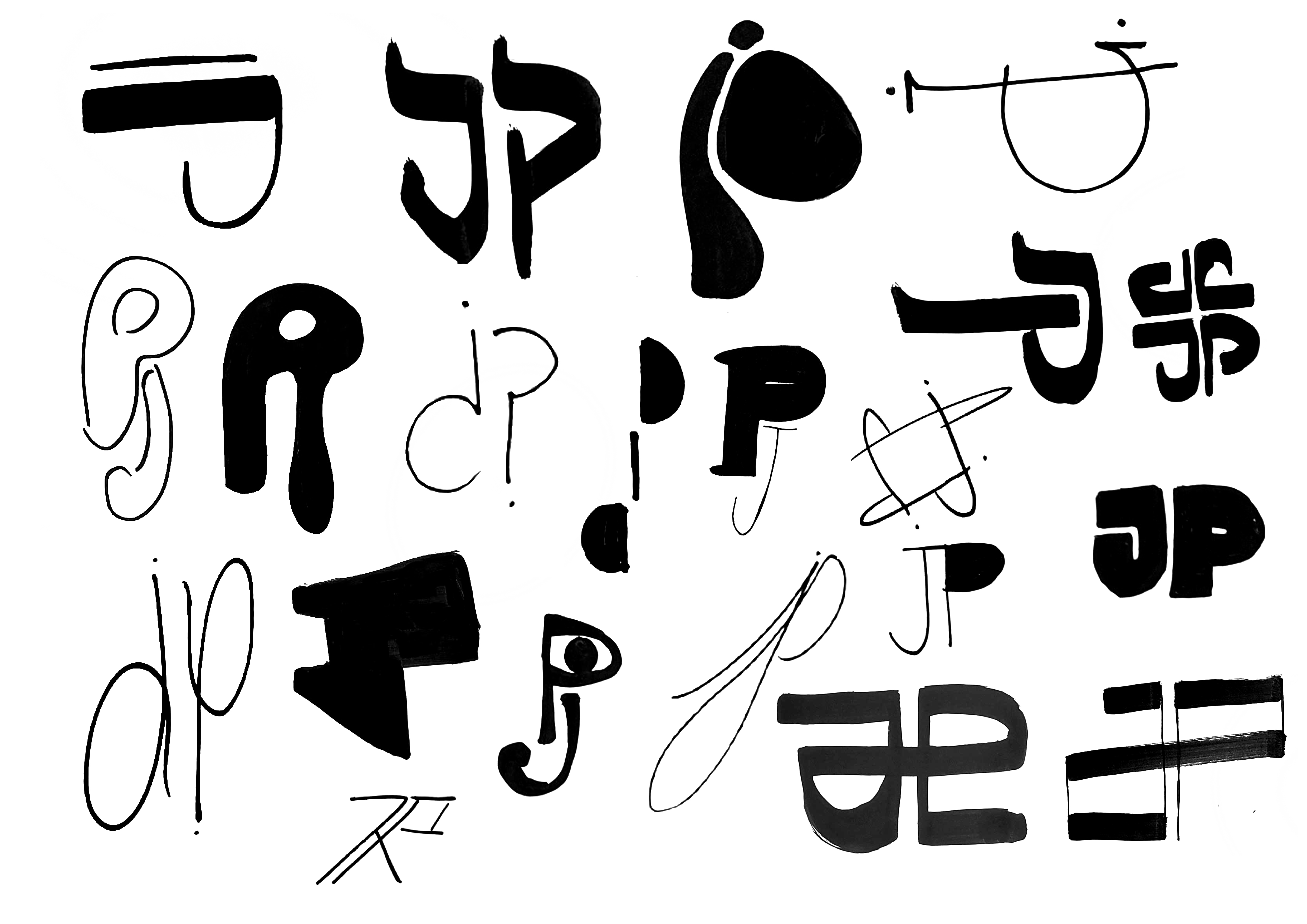 Plusieurs croquis mêlant les lettres « J » et « P », en noir sur une feuille blanche.